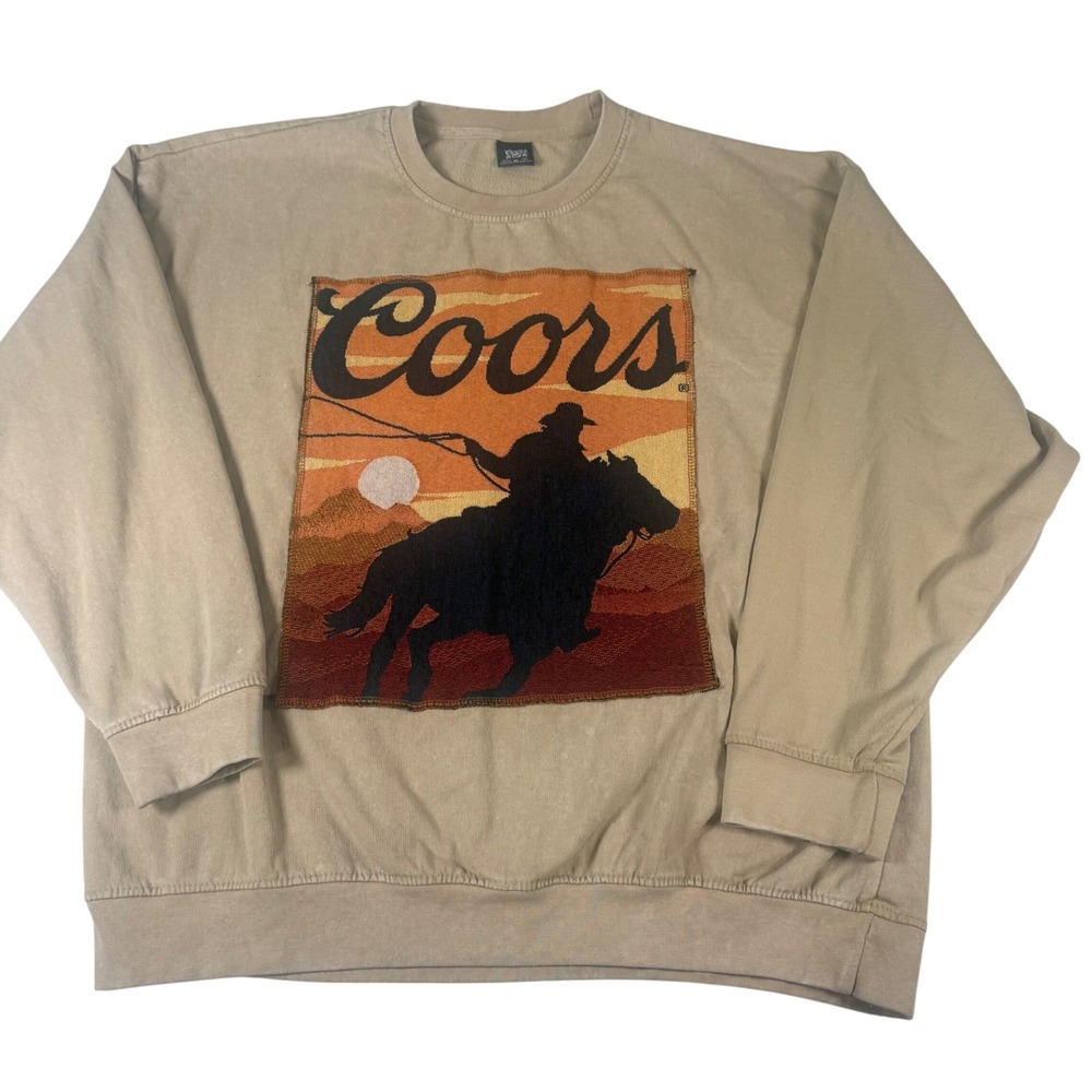 Coors Banquet Sweatshirt Mens XL Tan Cotton Western Tapestry Graphic Cowboy Beer